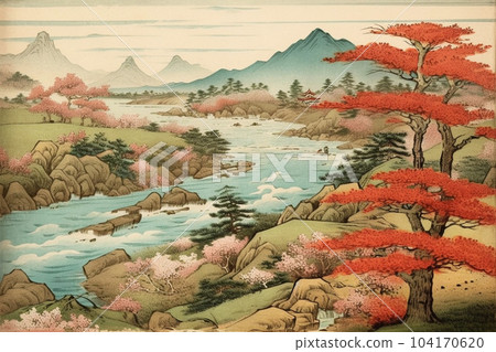 River scenery with cherry blossoms (Ukiyo-e style): AI-generated image River scenery with cherry blossoms (Ukiyo-e style): AI-generated image 104170620