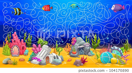 Labyrinth maze game, cartoon underwater house buildings in sea landscape, vector kids worksheet. Find path way for fishes to ocean or sea house shelters in corals or boat in labyrinth maze puzzle Labyrinth maze game, cartoon underwater house buildings in sea landscape, vector kids worksheet. Find path way for fishes to ocean or sea house shelters in corals or boat in labyrinth maze puzzle 104170890