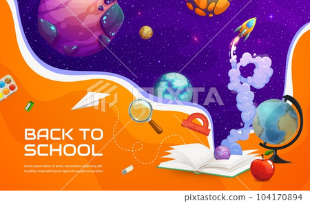 Back to school paper cut poster with galaxy space planets, vector education supplies. Back to school galactic rocket shuttle in space with student book or textbook, ruler and apple in papercut 104170894