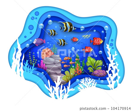 Cartoon tropical corals, fish shoal and seaweeds in sea paper cut, vector underwater landscape. Undersea exotic coral reef in paper cut or cutout with ocean water waves and fish silhouette background 104170914