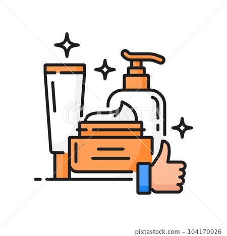Face and hands skin care products line icon. Dermatology and woman beauty products, face and hands skincare cosmetics outline vector icon. Skin moisturizer cream, lotion or shampoo thin line pictogram 104170926