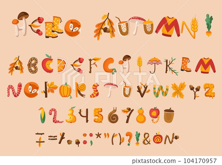 Cartoon fall autumn thanksgiving font, type or alphabet. Vector abc typography and signs set. Tree leaves, sweater, worm, umbrella, apple and mushroom, acorn, sock and pumpkin cute letters, numbers Cartoon fall autumn thanksgiving font, type or alphabet. Vector abc typography and signs set. Tree leaves, sweater, worm, umbrella, apple and mushroom, acorn, sock and pumpkin cute letters, numbers 104170957
