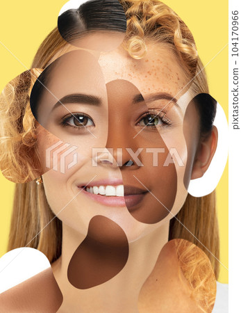 Female face made from portrait of different women of diverse age and nationality. Feminism and friendship 104170966