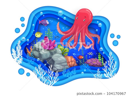 Cartoon pink octopus and sea paper cut, underwater bottom landscape, vector papercut. Undersea paper cut fishes in ocean water, 3d cutout background with coral reef funny octopus and seaweeds Cartoon pink octopus and sea paper cut, underwater bottom landscape, vector papercut. Undersea paper cut fishes in ocean water, 3d cutout background with coral reef funny octopus and seaweeds 104170967