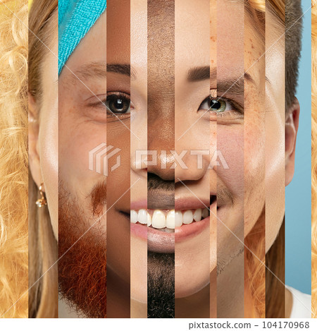 Human face made from portrait of different people, men and women of diverse race. Smiling, happy, delighttful look. Narrow stries of images 104170968