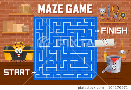 Labyrinth maze, help to toolbox to find cartoon repair and DIY work tool characters, vector quiz game. Kids puzzle worksheet to find way for wrench, pliers and paintbrush with roller in labyrinth maze Labyrinth maze, help to toolbox to find cartoon repair and DIY work tool characters, vector quiz game. Kids puzzle worksheet to find way for wrench, pliers and paintbrush with roller in labyrinth maze 104170971