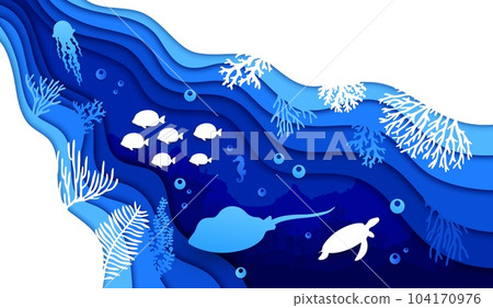 Underwater paper cut, sea landscape with stingray, seaweeds and fish shoal silhouettes in vector papercut. Undersea background in paper cutout layers of ocean or sea waves, turtle and stingray manta 104170976