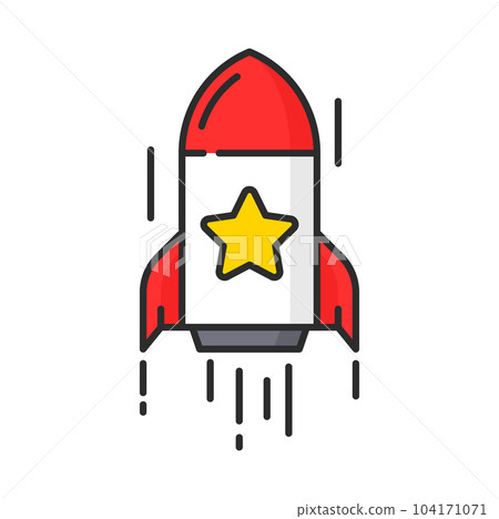 Rocket with loyalty point star icon of special benefits, reward or bonuses growth. Vector thin line symbol of rocket with gold star, customer loyalty incentive program or shopping bonus system 104171071