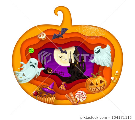 Halloween paper cut with holiday sweets, castle and cartoon ghosts. Vector background with 3d effect papercut pumpkin frame, haunted house, bats, spider webs, candies and trees at moonlight night Halloween paper cut with holiday sweets, castle and cartoon ghosts. Vector background with 3d effect papercut pumpkin frame, haunted house, bats, spider webs, candies and trees at moonlight night 104171115