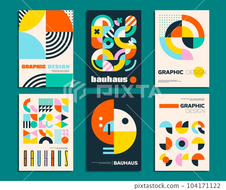 Bauhaus posters with geometric abstract patterns. Business presentation abstract ornament background, corporate identity flyers or posters vector templates with Bauhaus artwork geometrical shapes Bauhaus posters with geometric abstract patterns. Business presentation abstract ornament background, corporate identity flyers or posters vector templates with Bauhaus artwork geometrical shapes 104171122