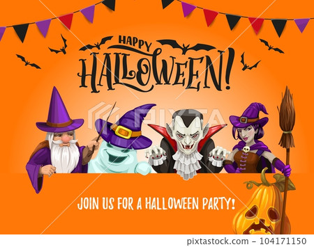 Halloween cartoon wizard, witch, ghost and vampire characters. Happy holiday vector poster with hag with broom, dracula, sorcerer and spook personages. Monsters invite to October horror night party 104171150