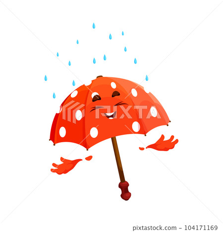 Cartoon red umbrella character with rain drops. Amusing vector parasol with smiling face exuding positive emotions enjoying rain shower. Isolated gingham personage with polka dots for climate forecast Cartoon red umbrella character with rain drops. Amusing vector parasol with smiling face exuding positive emotions enjoying rain shower. Isolated gingham personage with polka dots for climate forecast 104171169