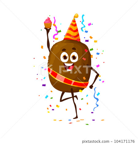 Cartoon cheerful kiwi fruit character on birthday party, anniversary holiday celebration. Anniversary holiday event or party, birthday congratulating happy fruit vector personage with dessert cupcake 104171176