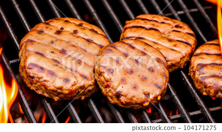 Cooking meat patties for burgers on a flame grill with smoke close-up. The concept of a picnic with a barbecue on a fire in the nature in the forest. Generative AI. Cooking meat patties for burgers on a flame grill with smoke close-up. The concept of a picnic with a barbecue on a fire in the nature in the forest. Generative AI. 104171275