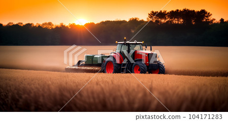 A combine harvester or agricultural tractor is processing or harvesting wheat in a field in the afternoon at sunset. Generative AI. A combine harvester or agricultural tractor is processing or harvesting wheat in a field in the afternoon at sunset. Generative AI. 104171283