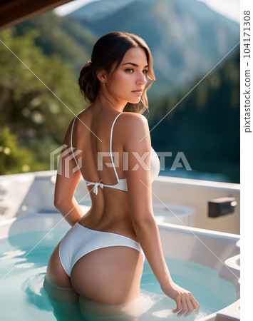 Sexy brunette woman or girl with long hair in a white swimsuit in a jacuzzi outdoors on the background of a forest and mountain landscape. Generative AI. Sexy brunette woman or girl with long hair in a white swimsuit in a jacuzzi outdoors on the background of a forest and mountain landscape. Generative AI. 104171308
