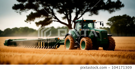 A combine harvester or agricultural tractor is processing or harvesting wheat in a field in the afternoon at sunset. Generative AI. A combine harvester or agricultural tractor is processing or harvesting wheat in a field in the afternoon at sunset. Generative AI. 104171309