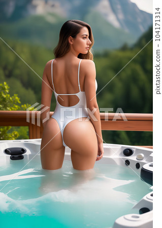 Sexy brunette woman or girl with long hair in a white swimsuit in a jacuzzi outdoors on the background of a forest and mountain landscape. Generative AI. Sexy brunette woman or girl with long hair in a white swimsuit in a jacuzzi outdoors on the background of a forest and mountain landscape. Generative AI. 104171314