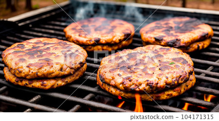 Cooking meat patties for burgers on a flame grill with smoke close-up. The concept of a picnic with a barbecue on a fire in the nature in the forest. Generative AI. 104171315