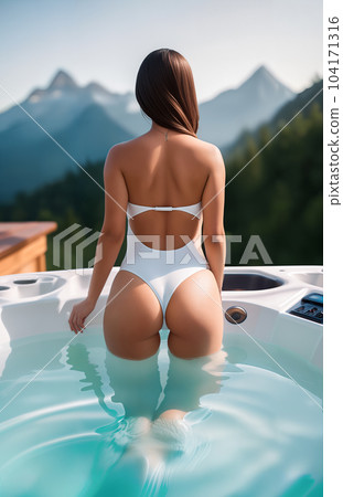 Sexy brunette woman or girl with long hair in a white swimsuit in a jacuzzi outdoors on the background of a forest and mountain landscape. Generative AI. Sexy brunette woman or girl with long hair in a white swimsuit in a jacuzzi outdoors on the background of a forest and mountain landscape. Generative AI. 104171316