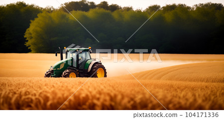 A combine harvester or agricultural tractor is processing or harvesting wheat in a field in the afternoon at sunset. Generative AI. 104171336