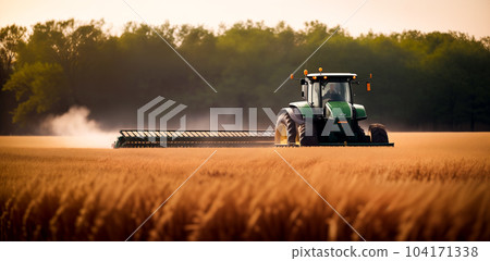 A combine harvester or agricultural tractor is processing or harvesting wheat in a field in the afternoon at sunset. Generative AI. 104171338