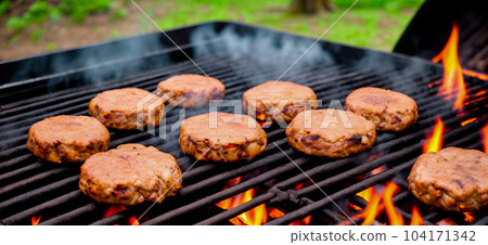 Cooking meat patties for burgers on a flame grill with smoke close-up. The concept of a picnic with a barbecue on a fire in the nature in the forest. Generative AI. 104171342