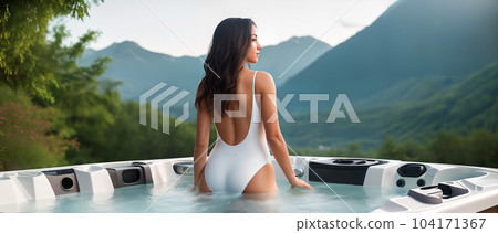 Sexy brunette woman or girl with long hair in a white swimsuit in a jacuzzi outdoors on the background of a forest and mountain landscape. Generative AI. 104171367