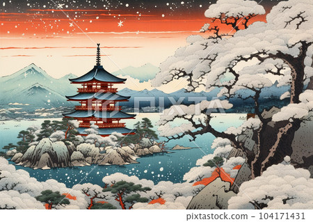 Lake and snow scene (Ukiyo-e style): AI-generated image 104171431