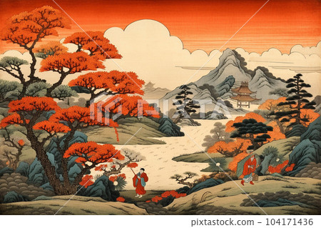 夕陽染紅的秋景（浮世繪風格）：人工智能生成的圖像 104171436