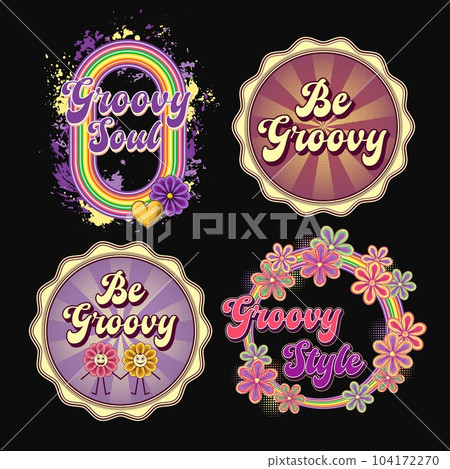 Circular retro labels with text, chamomile flowers, radial halftone beams, paint splatter. Concept of positivity, love and harmony. Groovy, hippie style. Illustrations on black background. Circular retro labels with text, chamomile flowers, radial halftone beams, paint splatter. Concept of positivity, love and harmony. Groovy, hippie style. Illustrations on black background. 104172270