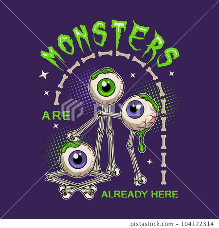 Arched emblem with moving monsters made of bones, human eyeballs with drops of green goo, slime, text 104172314