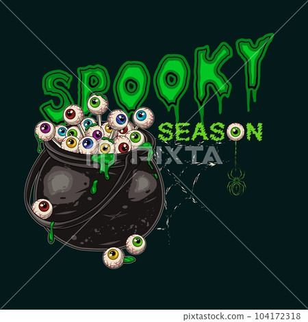 Label with witchy cauldron full of human eyeballs, eyes on stick like lollypop, drops of green slime, text 104172318