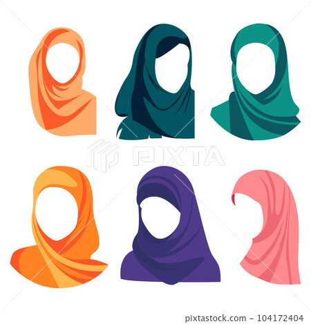 Cartoon Color Different Woman Wearing Colorful Hijabs Icon Set Concept Flat Design Style. Vector illustration of Female Fashion 104172404