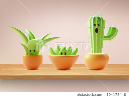 3d Character Mascot Houseplant Set Cartoon Style Include of Succulent and Cactus. Vector illustration of Cute Green House Plant 104172448