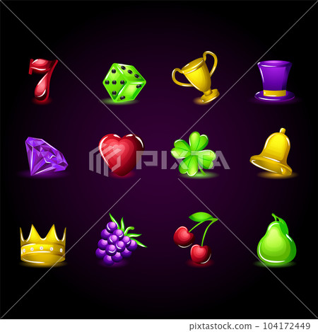 3D Color Different Slots Icons for Casino Slot Machines Include of Cherry, Seven, Heart and Diamond. Vector illustration 104172449