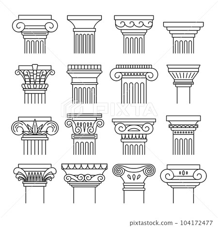 Ancient Columns Black Thin Line Icon Set Include of Ionic, Doric and Corinthian Order. Vector illustration of Icons 104172477