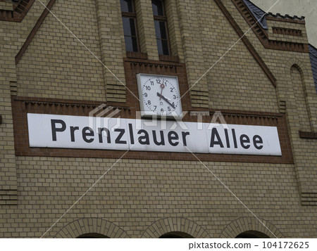 Prenzlauer Allee S-Bahn station sign. Prenzlauer Allee is a railway station in the eastern neighbourhood of Berlin, Germany Prenzlauer Allee S-Bahn station sign. Prenzlauer Allee is a railway station in the eastern neighbourhood of Berlin, Germany 104172625
