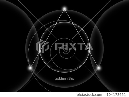 Interlocking circles, triangles and spirals hipster sacred geometry illustration with golden ratio, fibonacci spiral. White line vector isolated on black background. Interlocking circles, triangles and spirals hipster sacred geometry illustration with golden ratio, fibonacci spiral. White line vector isolated on black background. 104172631
