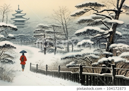 People walking in the snow (Ukiyo-e style): AI-generated image 104172873