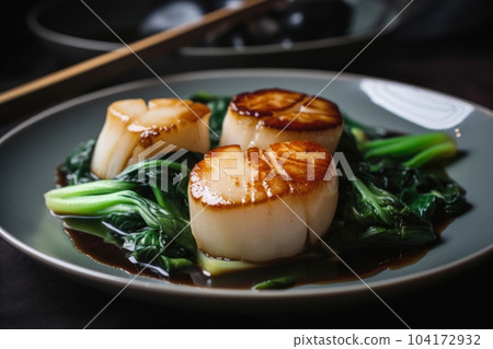 pan-seared scallops with bok choy and chinese black vinegar sauce, created with generative ai 104172932