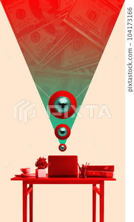 Office table with laptop and stationery and eye looking on laptop screen, checking and working on financial analytics. Contemporary art collage. Office table with laptop and stationery and eye looking on laptop screen, checking and working on financial analytics. Contemporary art collage. 104173166