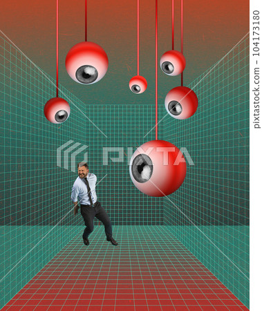 Pressure at work, over control and professional manipulation. Employee in closed space with eyes looking with attention. Contemporary art collage. 104173180