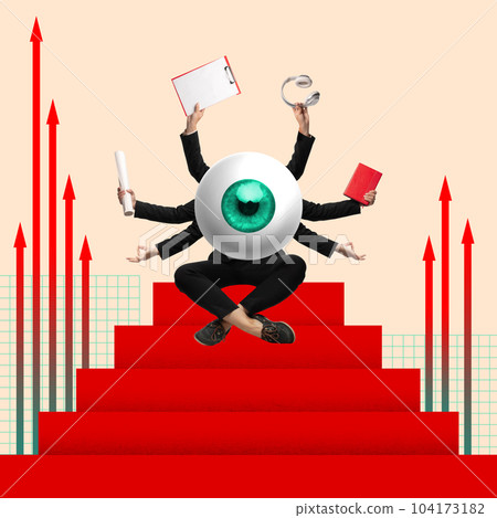 Multitasking. Man with giant eye body and many hands working in different directions, growing company and professional success. Contemporary art collage. 104173182