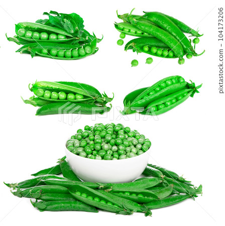 Bowl with green peas the isolated. Raw green peas in pods isolated on the white background Bowl with green peas the isolated. Raw green peas in pods isolated on the white background 104173206