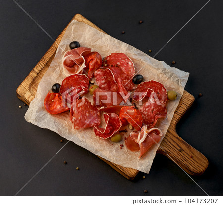 Meat Charcuterie Plate with Prosciutto crudo, Salami and Coppa Sausage. Black background. Top view. 104173207