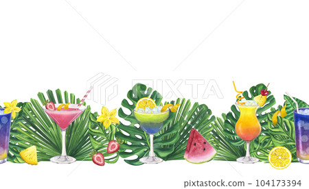 Seamless banner beach drink cocktail, watermelon, pineapple, carambola, green palm leaves Monstera. Hand-drawn watercolor illustration isolated on white background. Menu bar restaurant 104173394