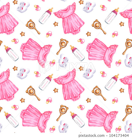Seamless pattern newborn girl. Pink bodysuit, booties, bottle, stars, pacifier. Hand drawn watercolor illustration isolated on white background. For textile, print, greeting cards, wrapping paper Seamless pattern newborn girl. Pink bodysuit, booties, bottle, stars, pacifier. Hand drawn watercolor illustration isolated on white background. For textile, print, greeting cards, wrapping paper 104173404