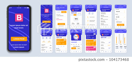 Banking smartphone interface vector templates set. E wallet app. Credit and deposit online. Web page design layout. Pack of UI, UX, GUI screens for application. Phone display. Web design kit 104173468