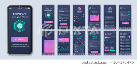 Cryptocurrency app smartphone interface design vector templates set. Mobile wallet. Crypto blockchain. Investing online. Web page design layout. Pack of UI, UX, GUI screens for application kit Cryptocurrency app smartphone interface design vector templates set. Mobile wallet. Crypto blockchain. Investing online. Web page design layout. Pack of UI, UX, GUI screens for application kit 104173470